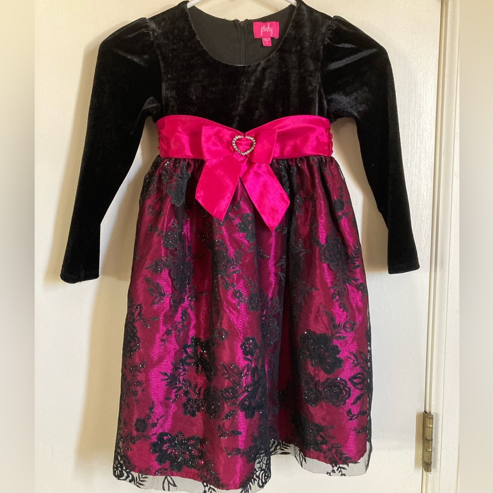 🌞Pinky Black Velour Top w/ Black Lace Floral Design Overlay Burgundy Dress #N
